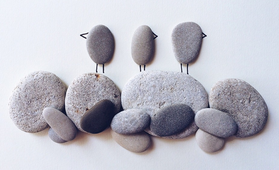 Photo of beach rocks arranged as birds on shore